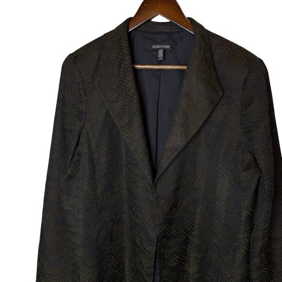 Eileen Fisher Silk Blend Jacquard Open Front Black Jacket size Large - Picture 2 of 6